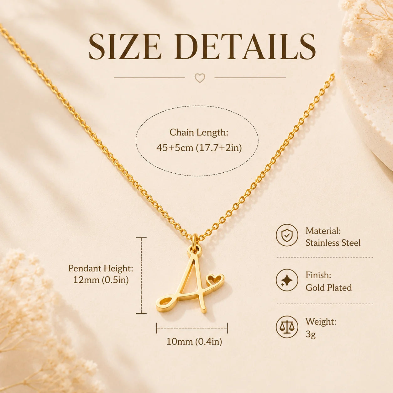 Dainty Heart Initial Necklace for Women, Gold Plated A-Z Letter Pendant, Waterproof Stainless Steel Monogram Jewelry, Personaliz