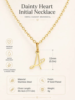 Dainty Heart Initial Necklace for Women, Gold Plated A-Z Letter Pendant, Waterproof Stainless Steel Monogram Jewelry, Personaliz