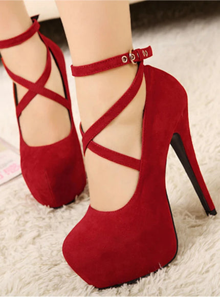 Shoes Woman Pumps Cross-Tied Ankle Strap Wedding Party Shoes Platform Dress Women Shoes High Heels Suede Ladies Shoes Plus Size