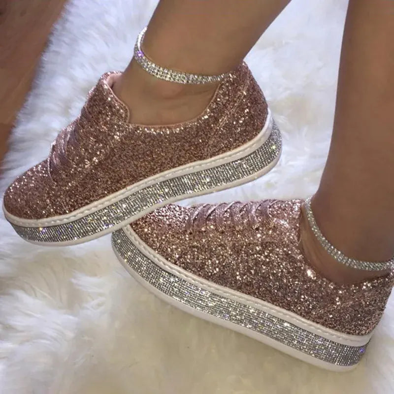 Dropshipman Pink / 43 2023 Women Vulcanize Shoes Sneakers Sliver Bling Shoes Girl Flat Glitter Sneakers Casual Female Breathable Lace Up Sport Shoes
