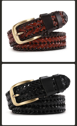Men Genuine Leather Braided Belts Webbing High Quality Hand Vintage Belts for Men Gold Pin Buckle Casual for Jeans Strap HQ212