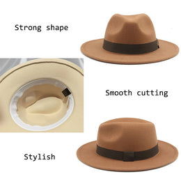 Fedora Hat Women Winter Hats for Women Ribbon Band Men's Hat Wide Brim Classic Beige Wedding Church Bowler New Cap Chapeau Femme