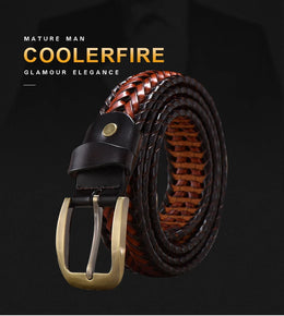 Men Genuine Leather Braided Belts Webbing High Quality Hand Vintage Belts for Men Gold Pin Buckle Casual for Jeans Strap HQ212