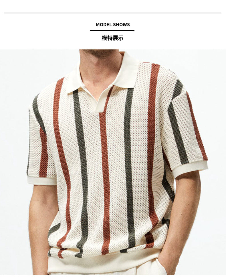 Men's Short-sleeved T-shirt Summer Simple Designer Geometric Color-block Striped Crewneck Sweater Light Mature Style Top
