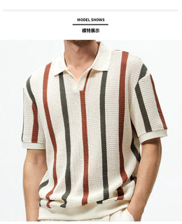 Men's Short-sleeved T-shirt Summer Simple Designer Geometric Color-block Striped Crewneck Sweater Light Mature Style Top