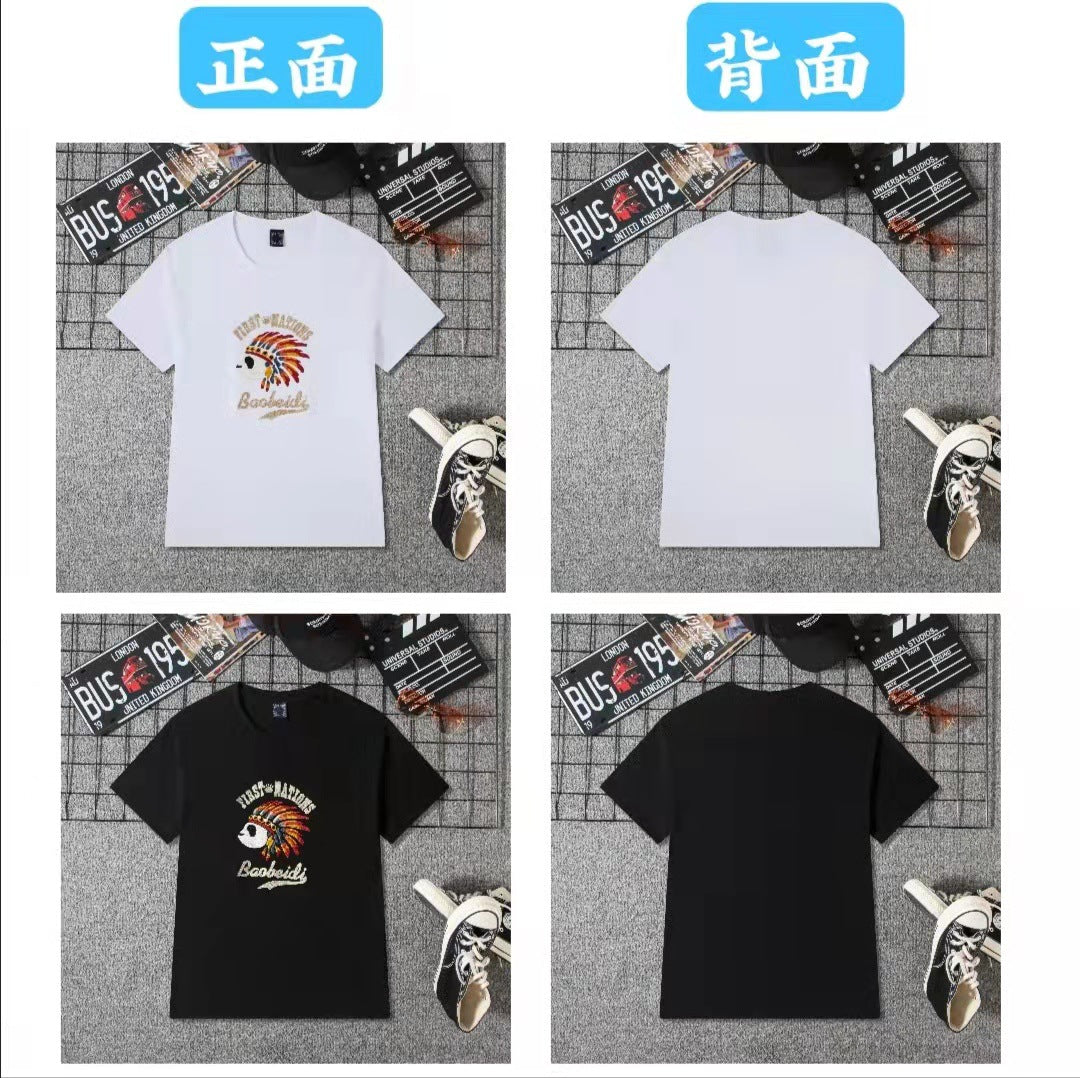Embroidered Short-Sleeved T-Shirt for Young and Middle-Aged Men, Cotton Loose Trendy Brand Round-Neck Casual Men's Clothing, In-Stock Loose Fit