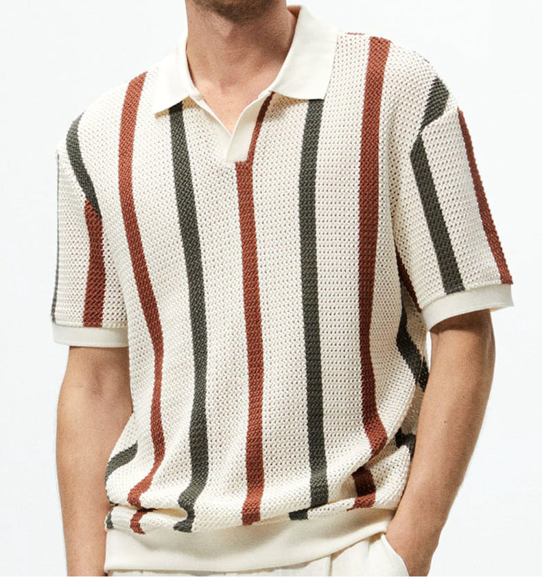 Men's Short-sleeved T-shirt Summer Simple Designer Geometric Color-block Striped Crewneck Sweater Light Mature Style Top