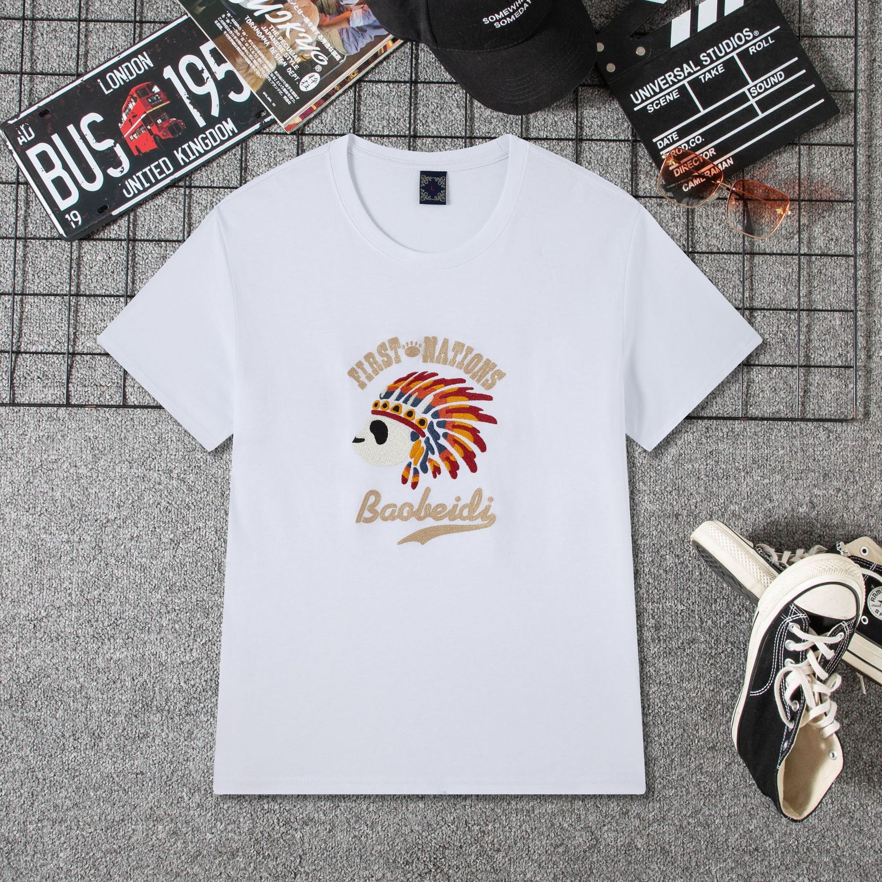 Embroidered Short-Sleeved T-Shirt for Young and Middle-Aged Men, Cotton Loose Trendy Brand Round-Neck Casual Men's Clothing, In-Stock Loose Fit