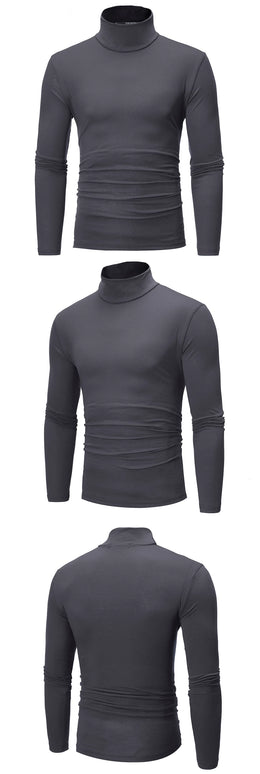 Fashion Men's Casual Slim Fit Basic Turtleneck High Collar Pullover Male Autumn Spring Thin Tops Basic Bottoming Plain T-shirt