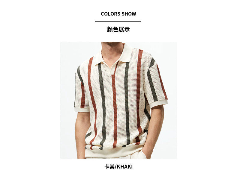 Men's Short-sleeved T-shirt Summer Simple Designer Geometric Color-block Striped Crewneck Sweater Light Mature Style Top