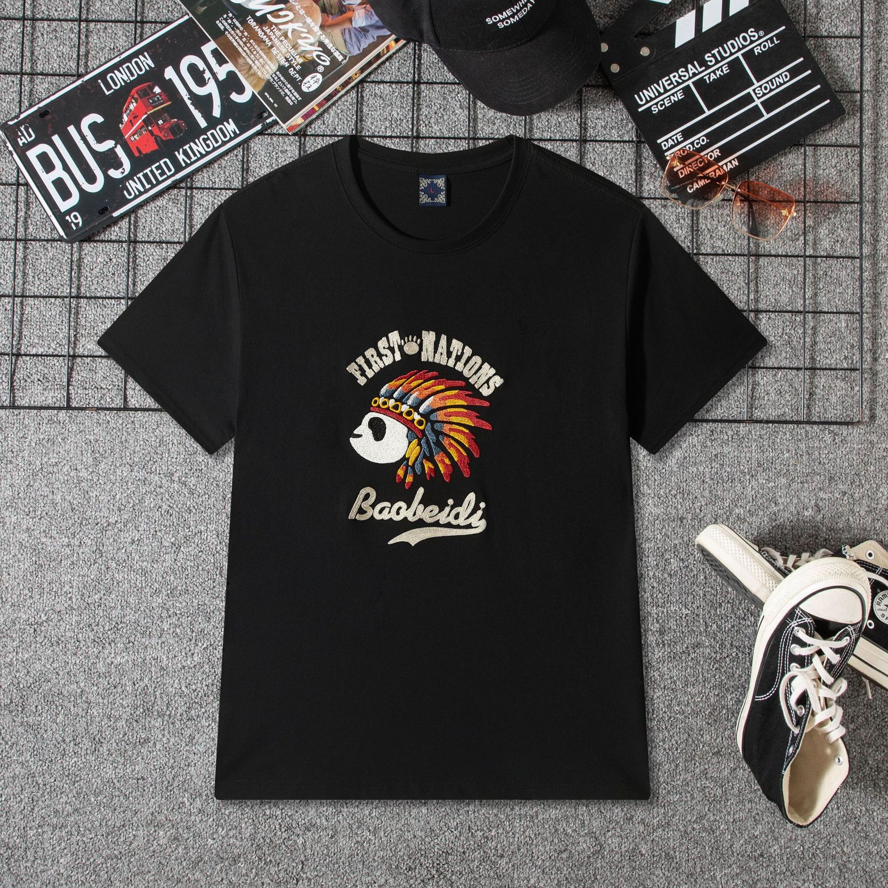 Embroidered Short-Sleeved T-Shirt for Young and Middle-Aged Men, Cotton Loose Trendy Brand Round-Neck Casual Men's Clothing, In-Stock Loose Fit
