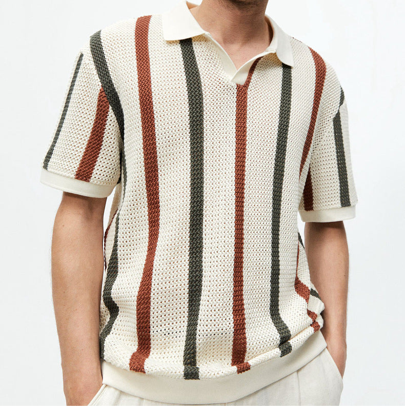 Men's Short-sleeved T-shirt Summer Simple Designer Geometric Color-block Striped Crewneck Sweater Light Mature Style Top