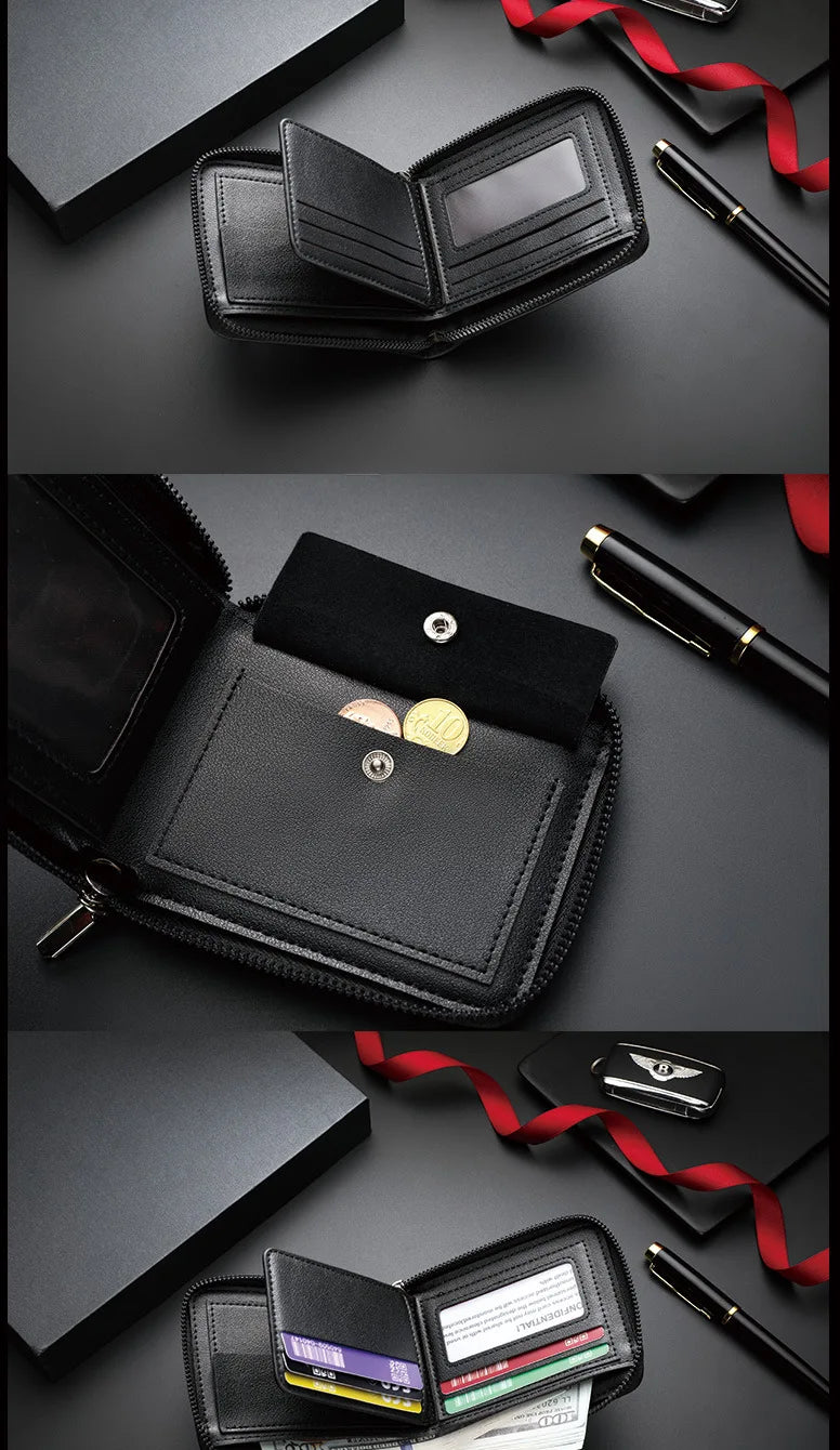 Leather Men’s Wallet Luxury Mens Purse Male Zipper Card Holders with Coin Pocket Rfid Wallets Gifts Men Money Bag Birthday Gifts