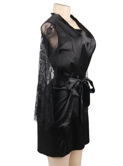 Big Size Women's Faux Silk Robe Set Transparent V Neck Sleepwear Nightgown Plus Size Sexy Babydoll Lingerie with Panties