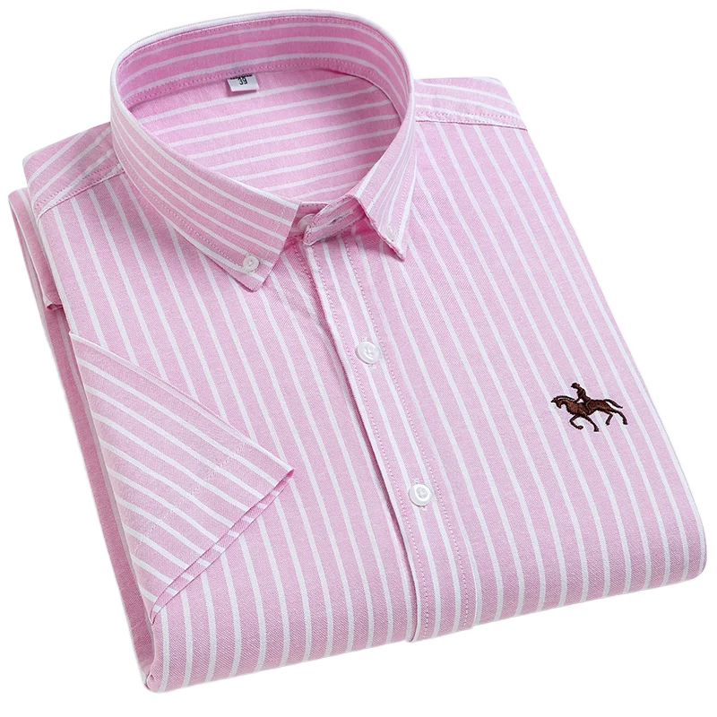 100% Cotton Oxford Shirt Men's Summer short sleeved Sleeve Embroidered Horse Casual Without Pock et Solid Shirt Plus Size S-6XL