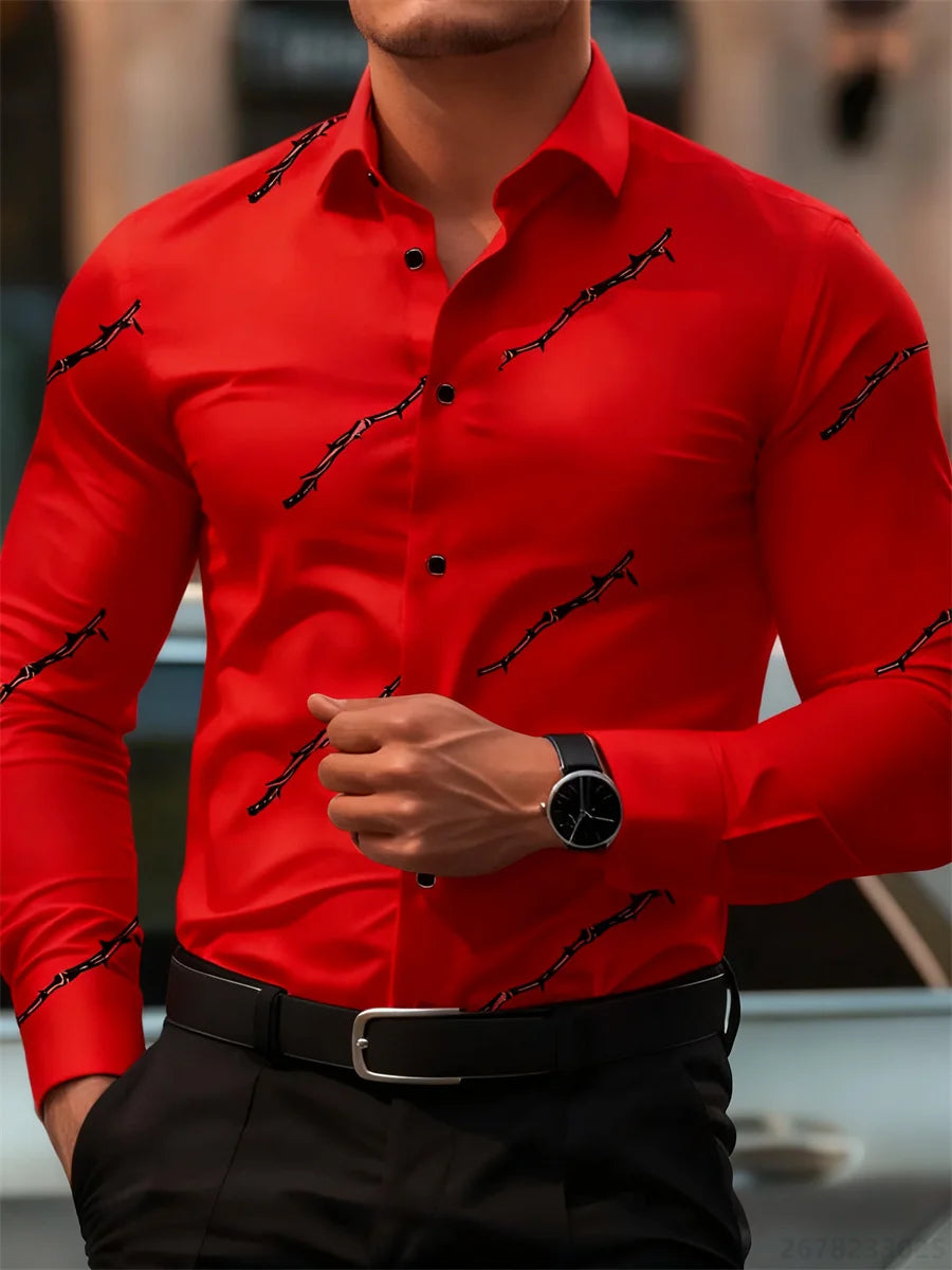 Men's personalized thorn print long-sleeved shirt. Business casual style, fashionable design, versatile and non-iron shirt.