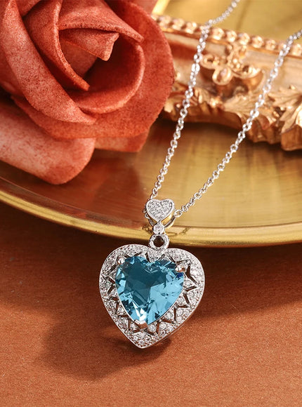 Blue Heart Zircon Pendant Necklace Sparkling 925 Silver Gift