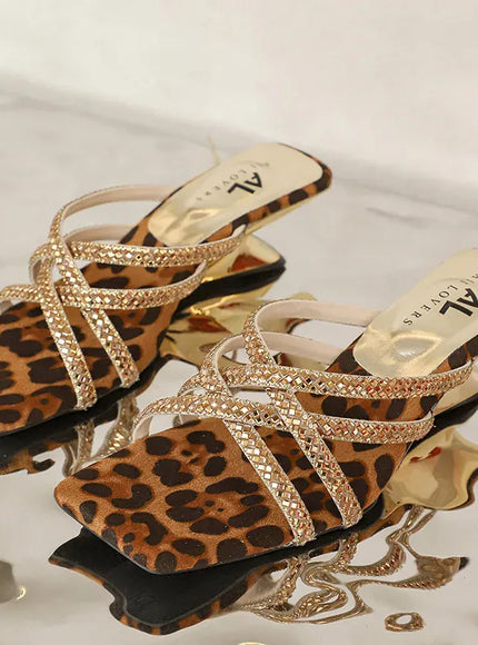 Sexy Leopard Med Heels Sandals for Women Shiny