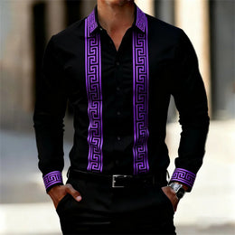 Men's Retro Geometric Print Shirt, Stylish Long-Sleeve Black Shirt, Business Casual Men's Top, Multiple Colors Available, XS-6XL