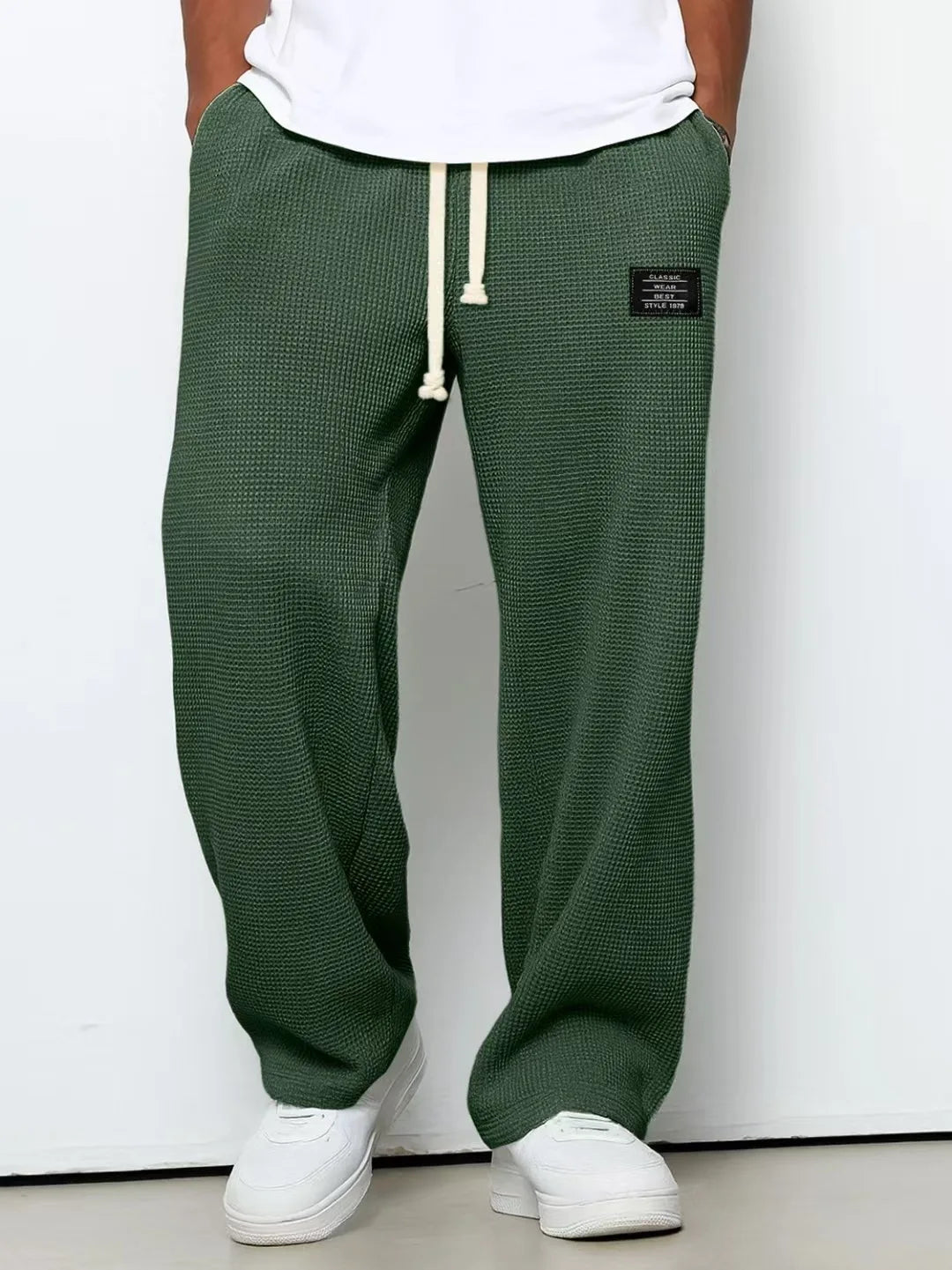 American Style Men's Waffle Textured Wide Leg Sweatpants Drawstring Elastic Waist Casual Loose Fit Streetwear Joggers