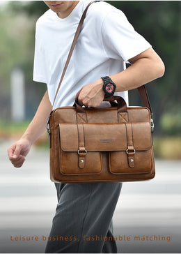 Mens Business Briefcase Large Capacity PU Leather Laptop Bag Fashion Crossbody Shoulder Tote Bag for Work Office