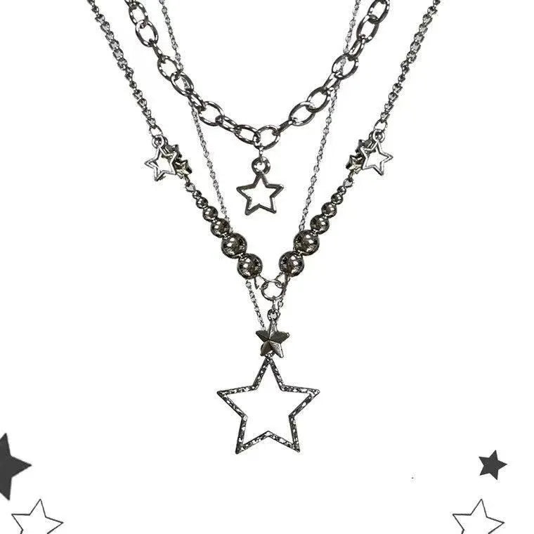 Women's Trendy Y2K Vintage Goth Star Pendant Necklace Multi Layered Simple Metal Chain Charm Statement Jewelry Gift