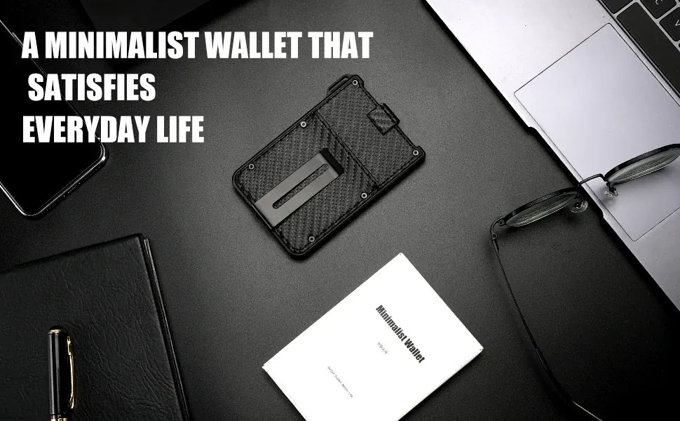 Wallet For Men - Aluminum Slim Carbon Fiber Leather Wallet，Holds up 10 Cards Card Holder with Clear ID Card Holder, Cash Clip