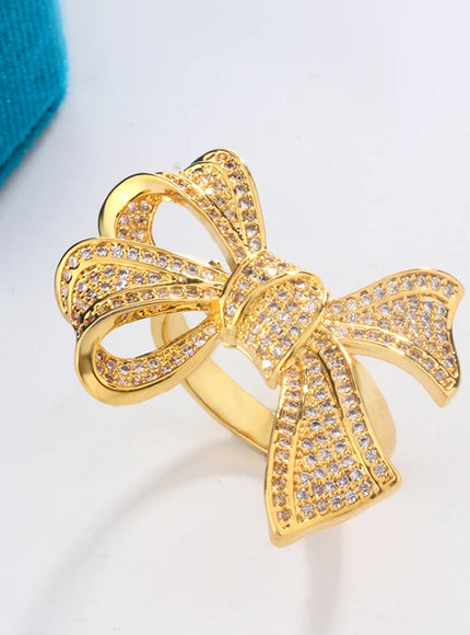 Yellow Gold Diamond Bow Ring 925 Silver Delicate Luxury Gift