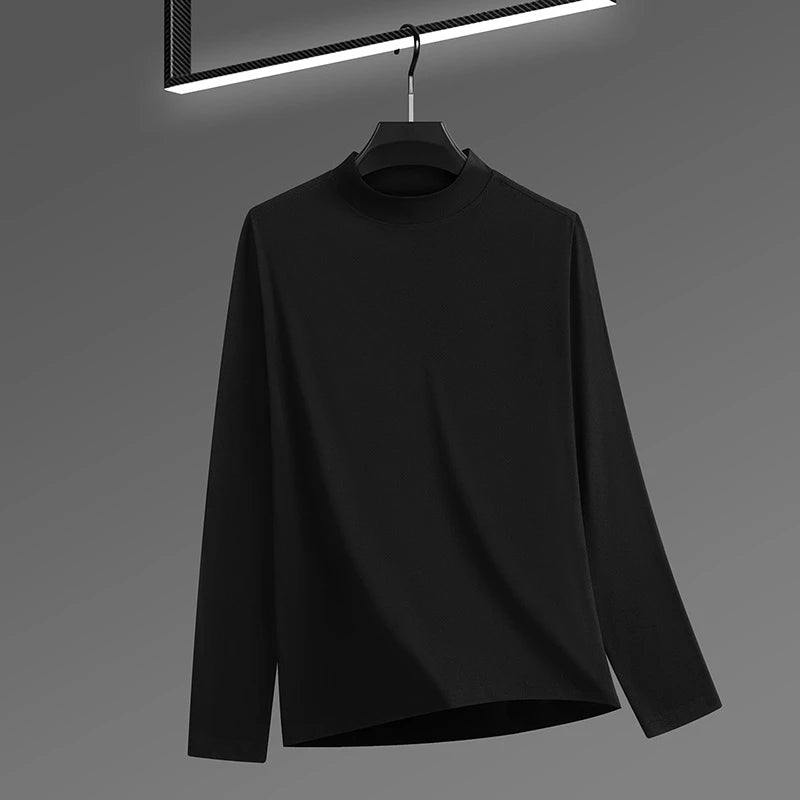 2026 New Men's Casual Solid Color High Collar Velvet Long Sleeve T-shirt Spring and Autumn Versatile Comfortable Top