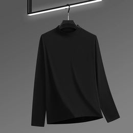 2026 New Men's Casual Solid Color High Collar Velvet Long Sleeve T-shirt Spring and Autumn Versatile Comfortable Top