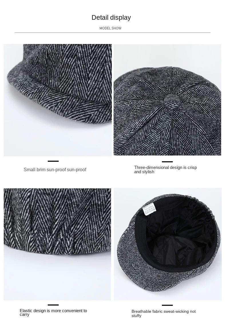 Men's Tweed British Newsboy Hat Herringbone Gatsby Hat Street Hats Octagonal Brim Hat Four Seasons Hip Hop Beret Painter Hat