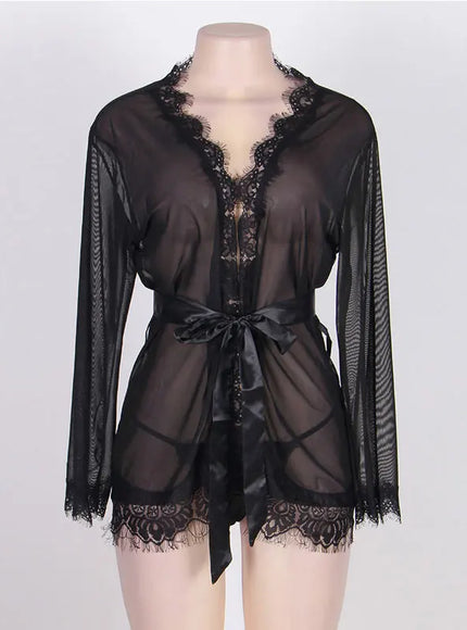 High Quality Women's Sheer Mesh Robe Set Transparent V Neck Sleepwear Nightgown Plus Size Sexy Babydoll Lingerie with Panties