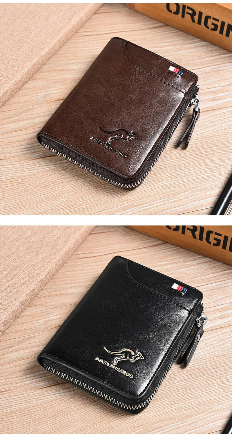 Mens RFID Protected Leather Wallet - Luxury Zippered Card Holder Purse for Business Cards with Elegant Carteira Masculina Style