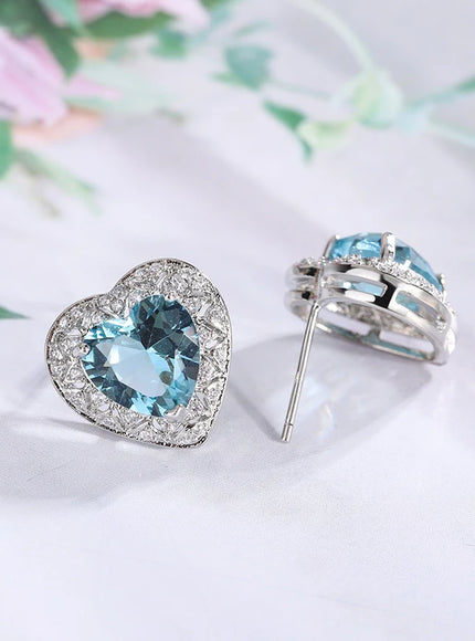 KissIcon 925 Silver Plated Heart Earrings - Blue Zircon