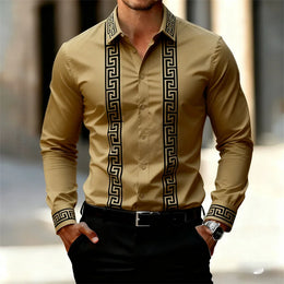 Men's Retro Geometric Print Shirt, Stylish Long-Sleeve Black Shirt, Business Casual Men's Top, Multiple Colors Available, XS-6XL