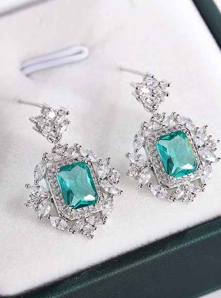 KissIcon Silver Plated Earrings - Green Blue Zircon Sparkle