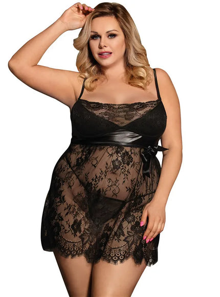 Plus Size transparent eyelash lace woman sexy babaydoll chemise from M-5XL four colours
