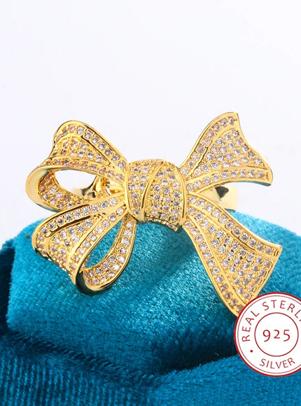 Yellow Gold Diamond Bow Ring 925 Silver Delicate Luxury Gift