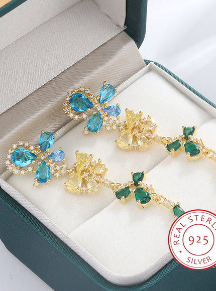💋 925 Silver Flowers Butterfly Earrings - Crystal Sparkle