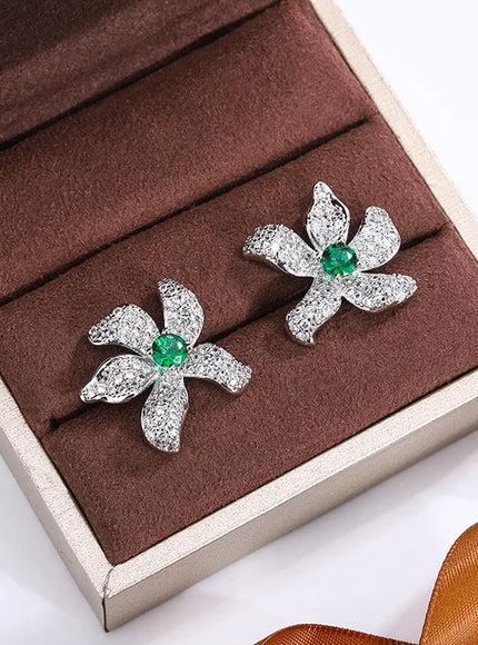 KissIcon Beautiful 925 Silver Earrings - Green Zircon Flower
