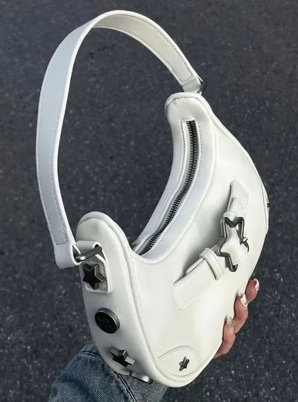 Vintage Korean Casual Cute White Star Shoulder Underarm Tote Bag Ladies Sling Bags Leather Zip Purses  Handbags Women