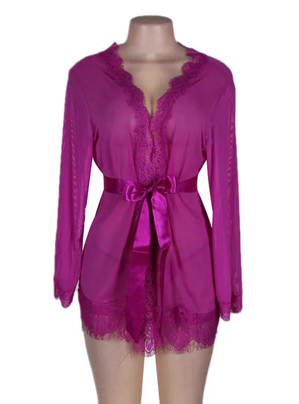 High Quality Women's Sheer Mesh Robe Set Transparent V Neck Sleepwear Nightgown Plus Size Sexy Babydoll Lingerie with Panties