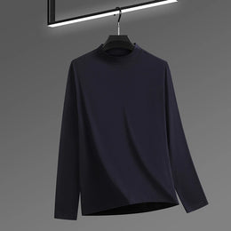 2026 New Men's Casual Solid Color High Collar Velvet Long Sleeve T-shirt Spring and Autumn Versatile Comfortable Top