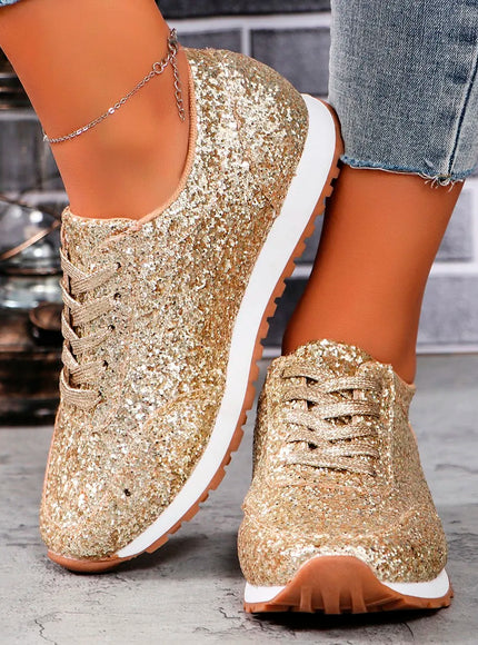 Women Flat Glitter Sneakers Casual Bling Vulcanized Shoes Female Mesh Lace Up Platform Comfort Plus Size Fashion Ladies Autumn