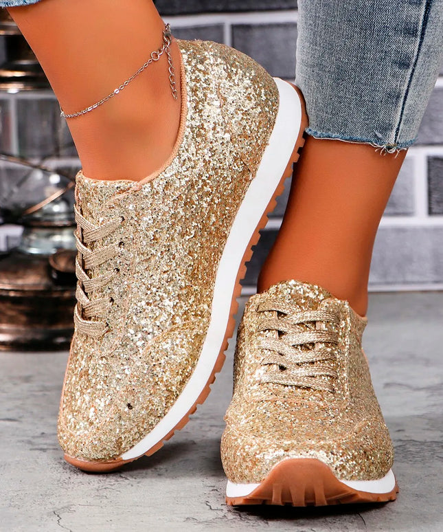 Women Flat Glitter Sneakers Casual Bling Vulcanized Shoes Female Mesh Lace Up Platform Comfort Plus Size Fashion Ladies Autumn