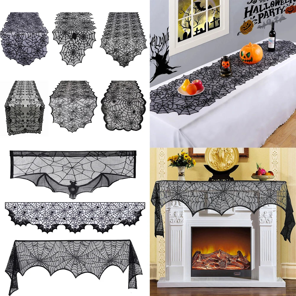Halloween Table Runner Tablecloth Spider Web Halloween Black Fireplace Mantel Cover for Home Party Halloween Decoration
