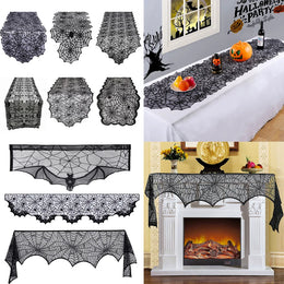 Halloween Table Runner Tablecloth Spider Web Halloween Black Fireplace Mantel Cover for Home Party Halloween Decoration