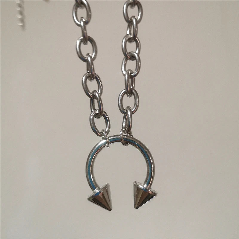 Hip Hop Punk Sliver Color Stainless Steel Geometry Pendant Chunky Chain Choker Necklace For Men Women Gothic Y2K Grunge Jewelry