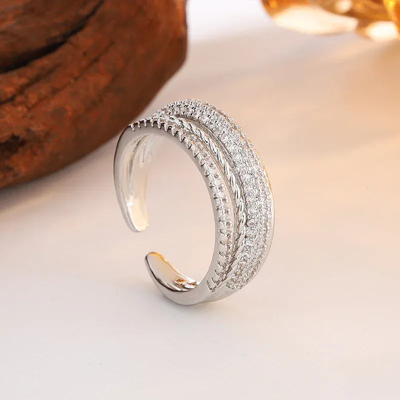 KissICON Super Flash New Diamond-Encrusted Cross Ring Round High-Quality Double Hollow Silver Jewelry For Men And Women