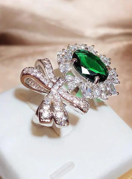 KissIcon New Green Zircon Bow Ring For Ladies - Adjustable